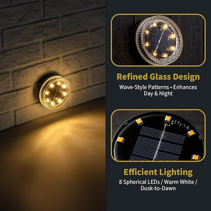 Glass Solar Step Lights with Wave Style, Modular-Design Waterproof Outdoor Fence Lights for Stairs Step Yard Patio Garden Wall Pathway, Decorative Patio Table Lighting, Warm White (4 Pack)