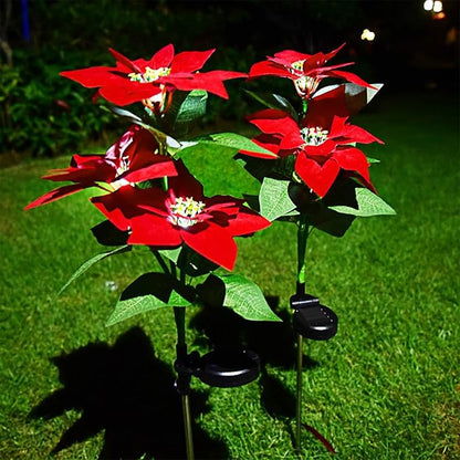 Firlar 2Pcs Solar Poinsettia Garden Lights,Christmas Poinsettia Stake Lights Solar Red Rose Lights,Waterproof Outdoor Xmas Holiday Flower Landscape Light for Yard Pathway Patio Decor