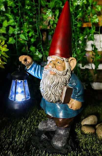 Ebros Gift Whimsical Enchanter Gnome Holding Book of Spells Statue 17.25" H Solar Path LED Light Garden Greeter Figurine Home Decorative Patio Figurine Courtesy Light