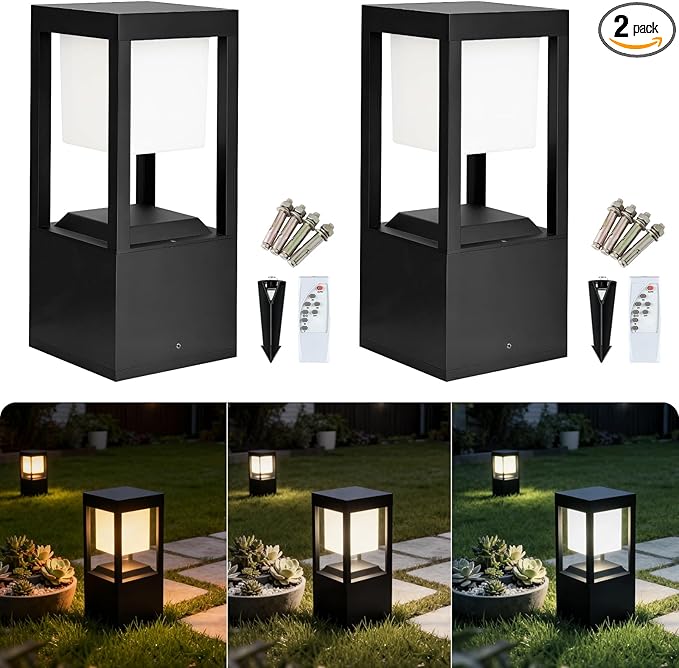 Solar Bollard Lights Outdoor, Premium Modern Led Landscape Pathway Lights Waterpoorf, Path Lighting for Garden Yard Walkway, 3CCT Seturable, Dusk to Dawn, Auto On/Off (2 Pack)