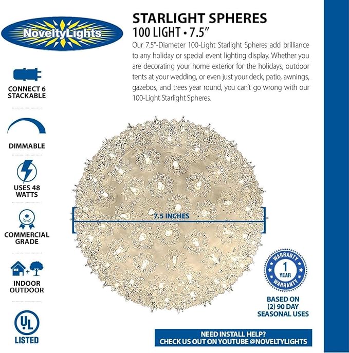 Novelty Lights 7.5in 100 Light Starlight Sphere, Clear, Large Ornament Ball Light - Outdoor Security Flood Light | Lumora