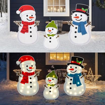 Large Illuminated Christmas Snowman Outdoor Decoration, 3-Piece pre-Installed Light 2D Snowman Family Set, Equipped with 30 Warm White Lights, Suitable for Balconies, lawns, and Gardens