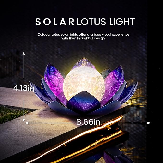 Huaxu Solar Lights for Outdoor Decor, Purple Lotus Flower Light, Waterproof LED Crackle Globe Glass Lamp for | Lumora