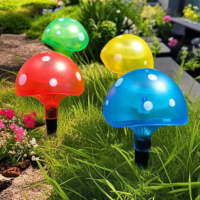 Bright Zeal 4-Pack Mushroom Solar Lights Outdoor Waterproof (8.5" Tall, 4" Wide) - Mushroom Outdoor Garden Red Green Yellow Blue - LED Garden Lamps for Outside Solar Fairy Stake Lamps