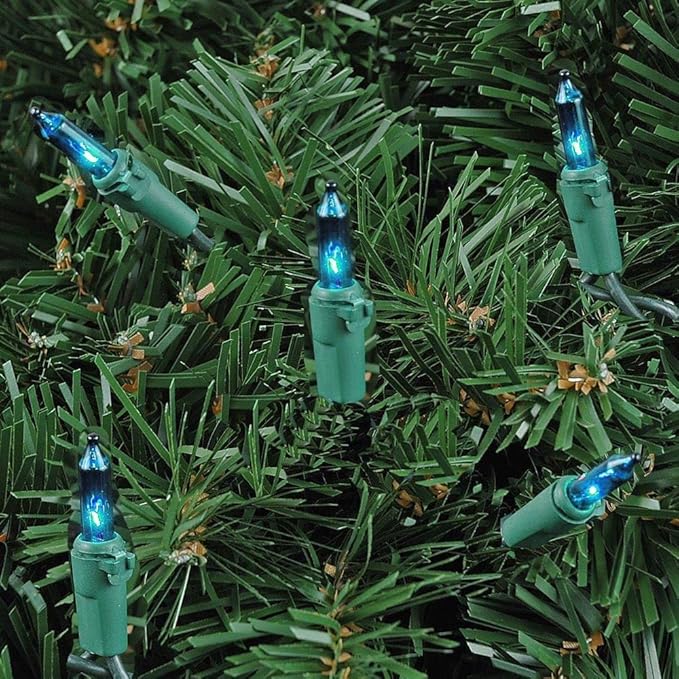 Novelty Lights 50 Feet 100 Bulbs Traditional Incandescent Mini Lights, Teal on Green Wire with 6" Spacing, Commercial Grade and UL Listed for Indoor/Outdoor Use, End-to-End Connectable