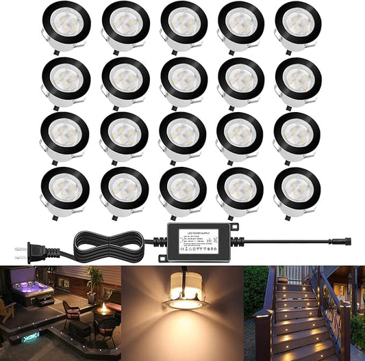 Led Deck Lights Outdoor Waterproof Low Voltage Stainless Steel 1W Outdoor Yard Garden Decoration Lamps Landscape Pathway Patio Step Stairs LED In-ground Lights Black Border(20pcs, Warm White)