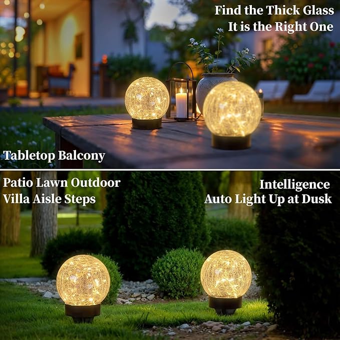 Beautyard Solar Globe Lights Outdoor Large Garden Decor USB Charged 4.72" Diameter 40LED 1000mAh Solar Lights Cracked Glass Globe Solar Power Yard Patio Garden (4.72'' Large 2 Pack Warm White)