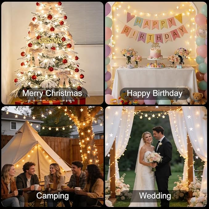 49.2ft Warm White Star String Lights, 100 LED with 16ft Extended Lead Wire & Remote, 8 Modes, IP44 Waterproof Plug in Linkable Lights for Outdoor Indoor Party Wedding