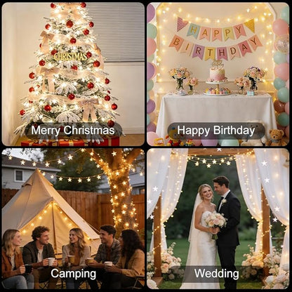 49.2ft Warm White Star String Lights, 100 LED with 16ft Extended Lead Wire & Remote, 8 Modes, IP44 Waterproof Plug in Linkable Lights for Outdoor Indoor Party Wedding