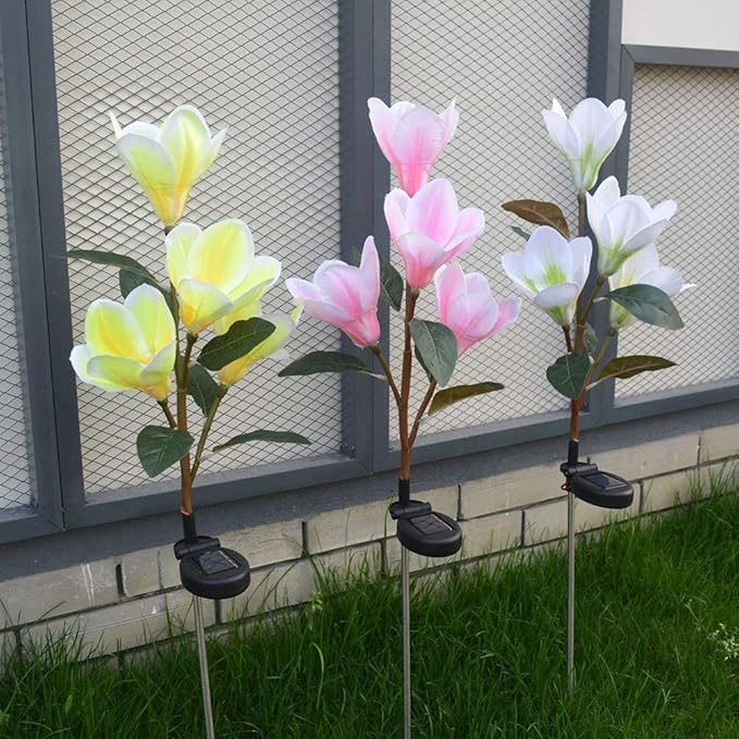 Solar Garden Lights Solar Light Outdoor, Magnolia Flower Lamp Stick Lamp 4 Forks Garden Ground Lamp for Home (Pink Magnolia White Light) (Color : White)