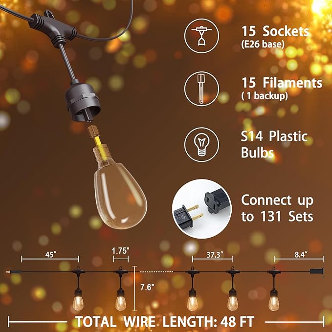 Outdoor String Lights 48 ft, LED Patio Lights with 16（15+1 Spare S14 Shatterproof Bulbs, IP 65 Waterproof, Outside Hanging Light for Cafe Bistro Backyard