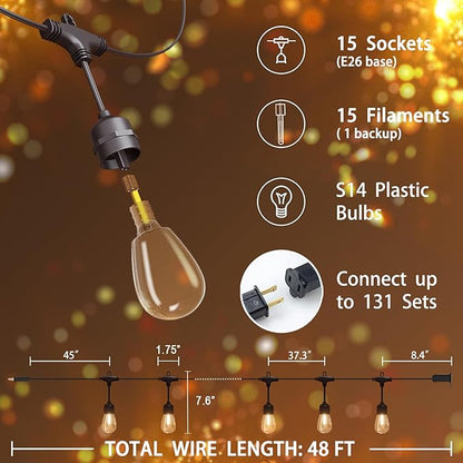 Outdoor String Lights 48 ft, LED Patio Lights with 16（15+1 Spare S14 Shatterproof Bulbs, IP 65 Waterproof, Outside Hanging Light for Cafe Bistro Backyard