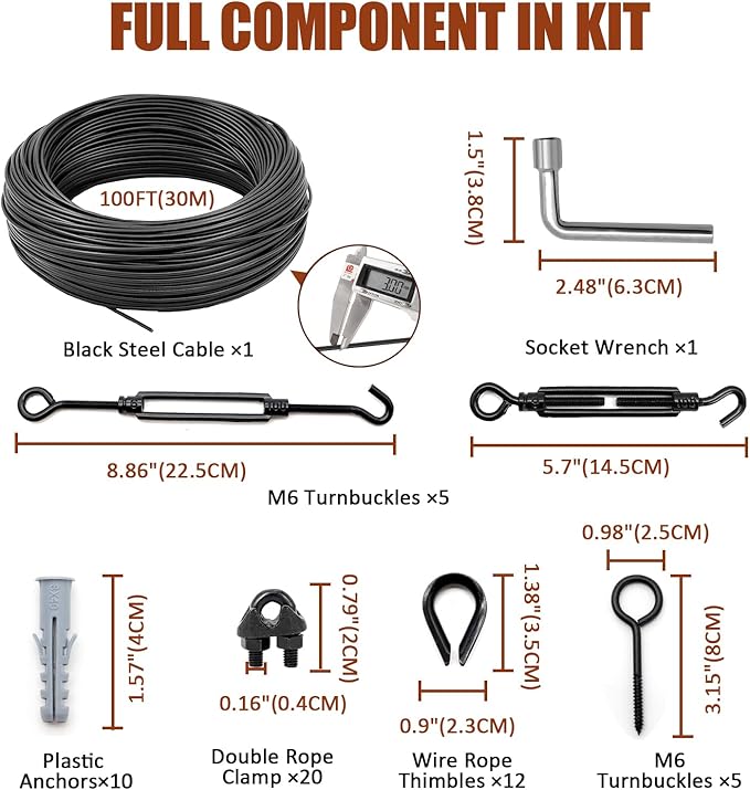String Light Hanging Kit Outdoor, Full Black String Light Wire Hanging Kit Includ 100FT PVC Coated Steel Cable | Lumora