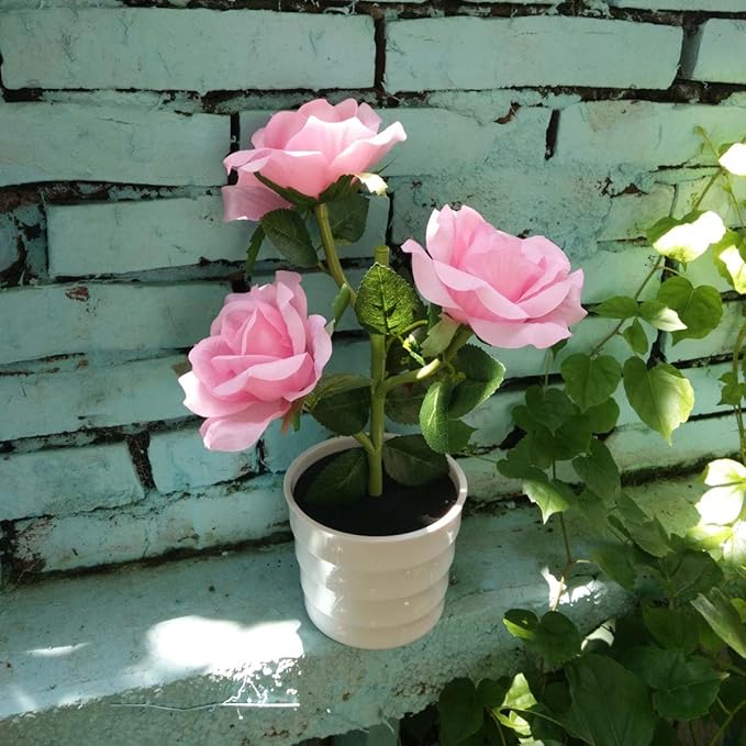 LED Solar Power Decorative Artificial Rose Flower Pot Plant Landscape Light Night Lamp Outdoor Garden Yard Pathway Lawn Grassland Pink
