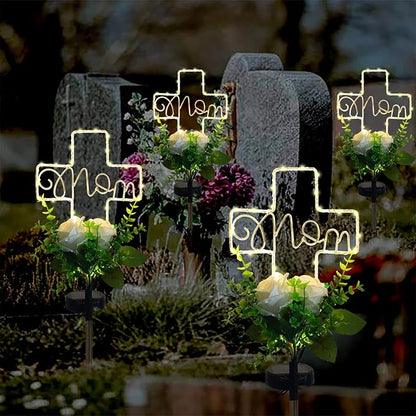 Lmtocs Grave Decorations for Cemetery Mom, Memorial Sympathy Gifts for Mom Cemetery Decorations, Waterproof Solar Cross Lights with Rose Flower for Christmas Mother Day Memorial Day Decor