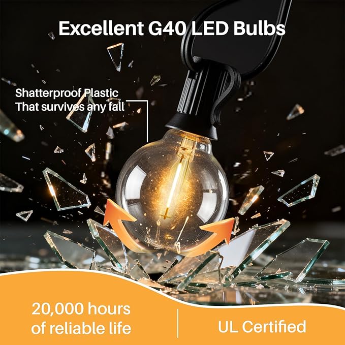 25 FT Outdoor String Lights G40 Globe Shatterproof Patio Lights,13 Plastic Edison Bulbs(1 Spare) IP65 Waterproof Dimmable LED Bulbs for Backyard Porch Balcony Party Decor, E12 Base, 2200K