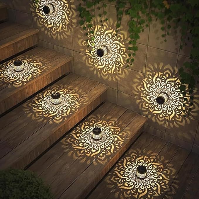 Decorative Solar Mandala Lights, Solar Mandala Lights Outdoor, Metal Solar Powered Outdoor Deck Step Wall Lights, Mandala Theme Waterproof Fence Light for Garden Post Patio Backyard (1pcs-C)