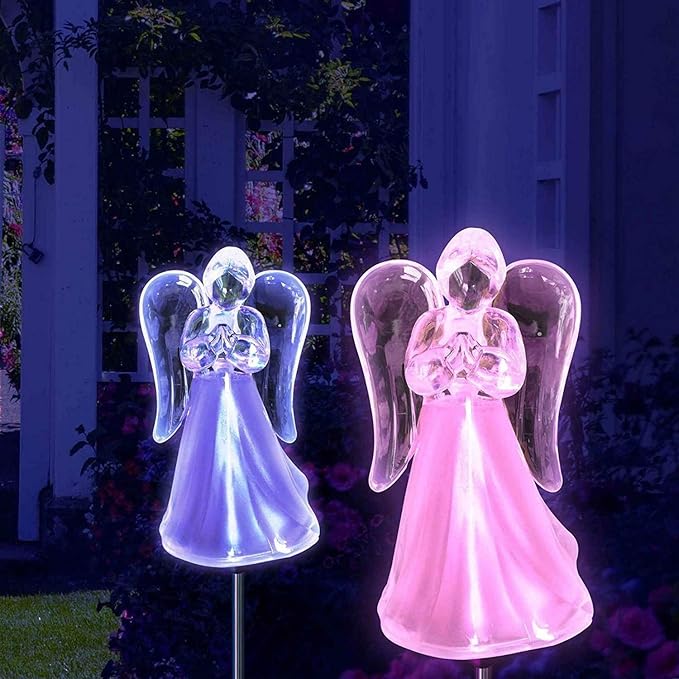 Outdoor Garden Set of 2 Pieces Solar Powered Garden Yard Stake (Color Change abilities) LED Light (Acrylic Angel)…