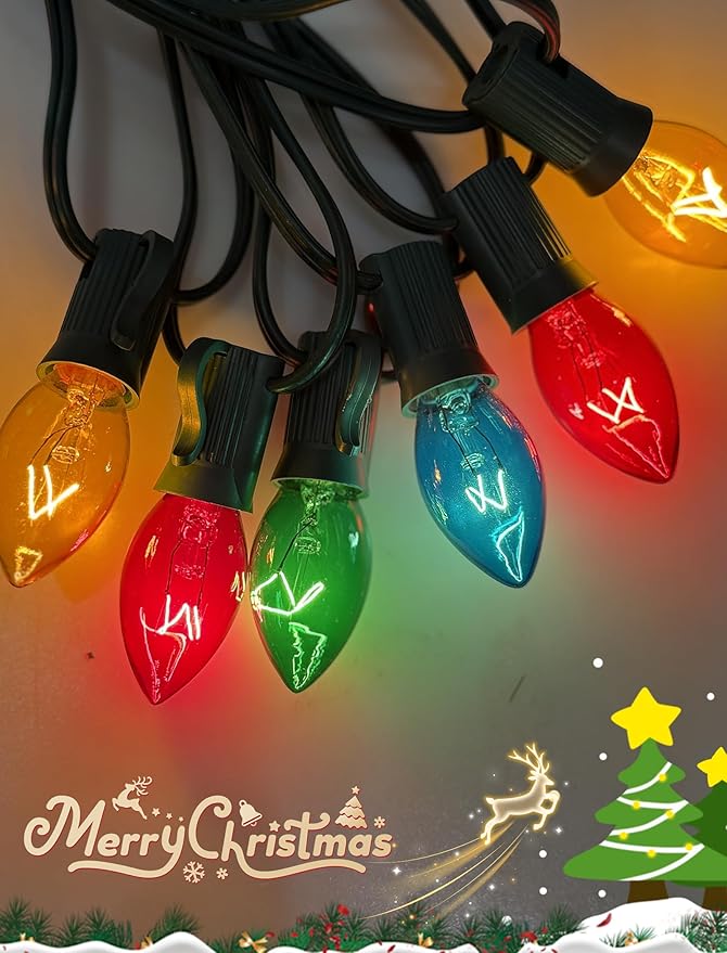 25Ft Multicolor Chritsmas Lights Outdoor, C7 Vintage String Lights with 27 Colorful Clear Incandescent Bulbs, Hanging Patio Lights for Porch Roofline Christmas Tree Garden Pathway Indoor Decor
