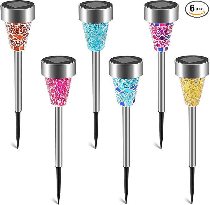 Solar Lights Outdoor Decorative, Solar Garden Lights Stakes, Flower Bed Decorations Mosaic, Decor for Path, Waterproof, 6 Pack