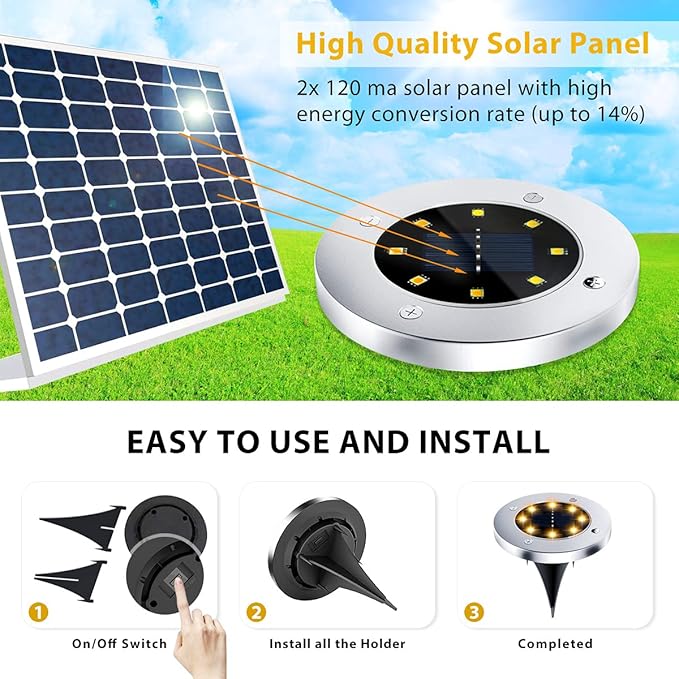 12 Pack 8LED Solar Garden Lights Outdoor Waterproof Sidewalk Disk Bright In-Ground Landscape Lighting for Lawn | Lumora