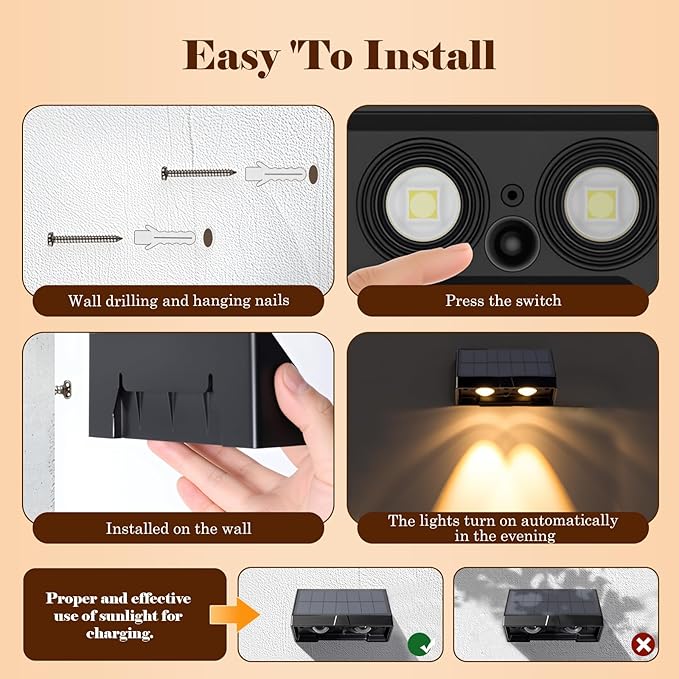 Solar Wall Lights-4 Pack,IP65 Waterproof Outdoor,40 Lumens Brighter Double LED, Auto On/Off, Warm White for Fence, Patio, Steps, Backyard