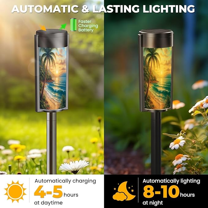 4 Pack Solar Pathway Lights Outdoor Waterproof Seascape Tropical Palm Tree Beach Blue Ocean Sea Wave Scenery Waves Solar Garden Lights LED Landscape Lighting for Yard Walkway Lawn Garden Decor