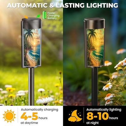 4 Pack Solar Pathway Lights Outdoor Waterproof Seascape Tropical Palm Tree Beach Blue Ocean Sea Wave Scenery Waves Solar Garden Lights LED Landscape Lighting for Yard Walkway Lawn Garden Decor
