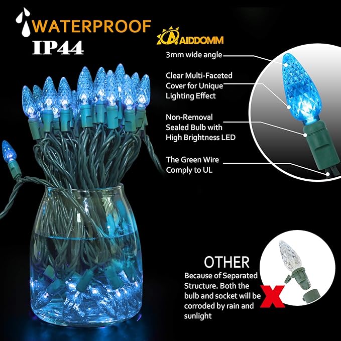 70 Count C6 LED Christmas Lights - 35.5ft Aqua String Lights, Indoor/Outdoor, Commercial Grade, Waterproof, UL | Lumora