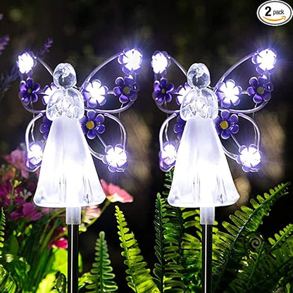 2pcs Fairy Garden Ornaments Outdoor Solar Pathway Lights, Flower Fairy Resin Figurine Lamp for Courtyard Lawn, Commemorate Gift (Purple)