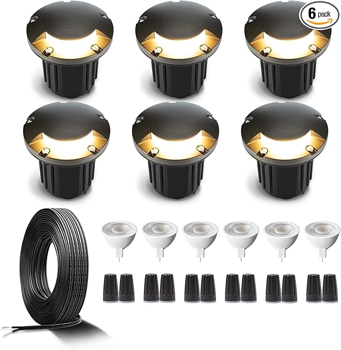 Gardenreet Brass Low Voltage Inground Lights Kit(6 Pack) with MR16 Bulb & 100Feet Wire & Connectors, 12V LED Well | Lumora