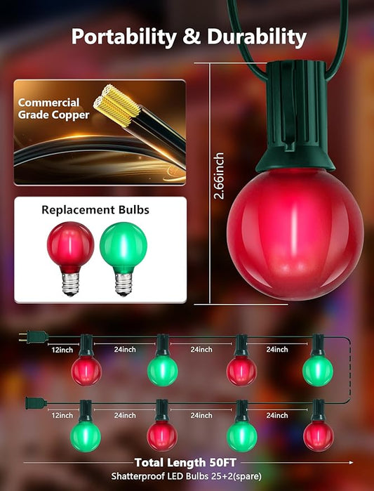 50Ft G40 Frosted Red and Green Christmas Lights, G40 Globe Patio String Light with 27 LED Bulbs(2 Spare), Hanging Christmas Tree Lights for Indoor Outdoor Holiday Party Backyard Christmas Decoration