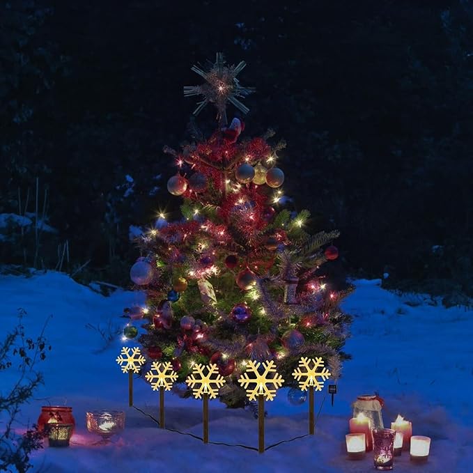 BRIGHTDECK Snowflake Solar Christmas Decorations Outdoor, 5 Pack LED Christmas Pathway Lights, Waterproof Snowflake Pathway, Stake Lights for Garden Decor(5Pcs Warm White)