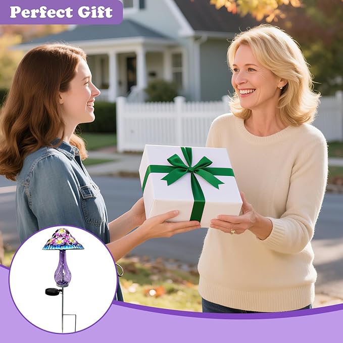 Solar Outdoor Lights, Hand-Blown Glass Mushroom Solar Lights Outdoor with Metal Ground Spikes, Decorative Solar Lights for Outdoor Garden Yard Lawn Porch Backyard Pathway, Gifts for Mom Women (Purple)