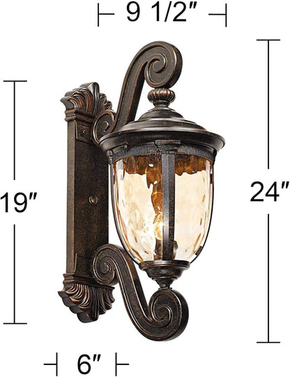 John Timberland Bellagio European Outdoor Wall Light Fixture Bronze Scroll 24" Champagne Hammered Glass Decor for Exterior House Porch Patio Outside Deck Garage Yard Front Door Garden Home