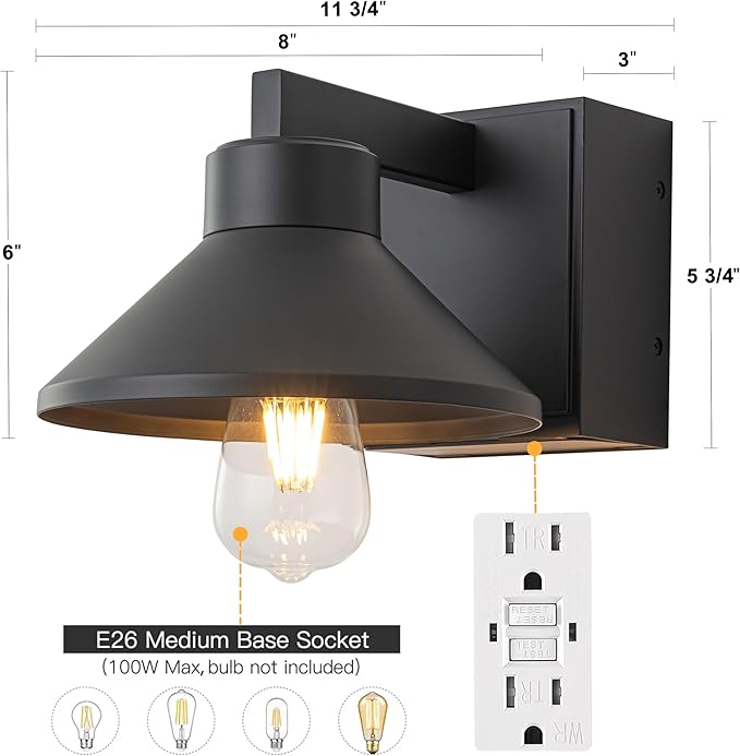 c cattleya Outdoor Wall Sconce with Outlet GFCI Black Waterproof Anti-Rust Aluminum Exterior Barn Lighting Wall Mount Front Porch Light with Outlet