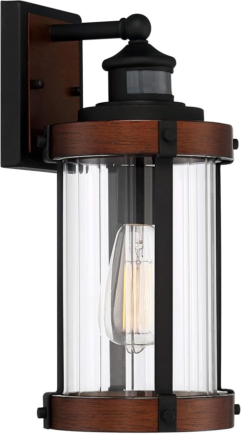 John Timberland Utley Industrial Outdoor Wall Light Fixture Dark Wood Finish Black 15 1/2" Motion Sensor Clear Glass for Exterior House Porch Patio Outside Deck Garage Yard Front Door Garden Home