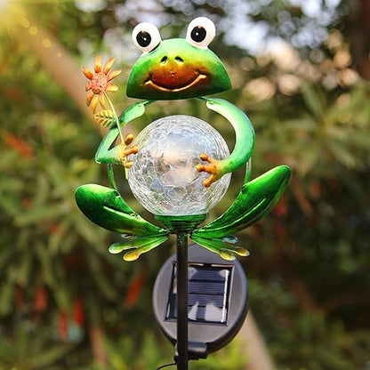 Garden Solar Lights Outdoor Decorations, Waterproof Frog Crackle Glass Globe Metal Garden Stake Lights, Solar Powered Warm White LED Light for Pathway Lawn Patio Yard Decor Mother's Day Gift