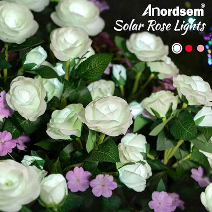 Anordsem Solar Garden Lights Outdoor: 10 Artificial Fabric White Roses Flowers 2 Pack- LED Flower Decorations for Cemetery Grave Pathway Yard- Birthday Gifts for Women, Wife and Mother