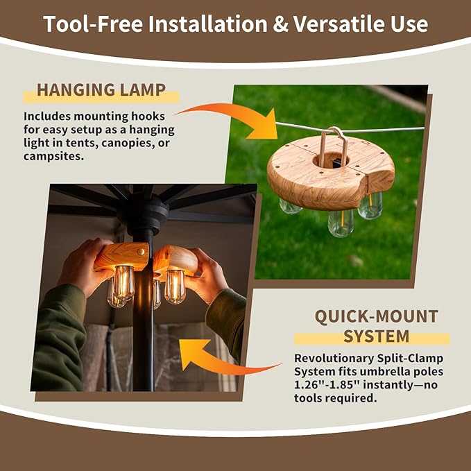 Wood Grain Patio Umbrella Light with Remote Control, Rechargeable Cordless LED Edison Bulbs Pole Light with 10 Brightness Levels for Garden, Patio, Backyard, Camping or BBQ (2 Pack)