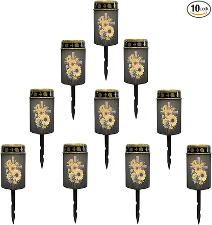 Cross-Sunflower Solar Lights Outdoor Garden Stake Lights Waterproof Cemetery Solar Lights for Grave Landscape Lighting Outdoor Table Lamp Flameless Lights Warm White LED Lantern