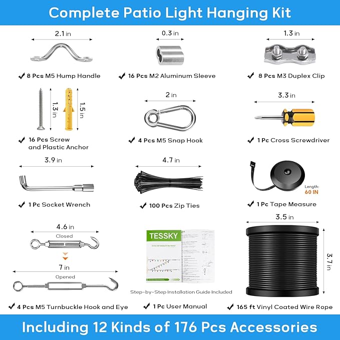 String Light Hanging Kit with 164FT Vinyl Coated Stainless Steel 304 Wire Rope Suspension Kit Included Enough | Lumora