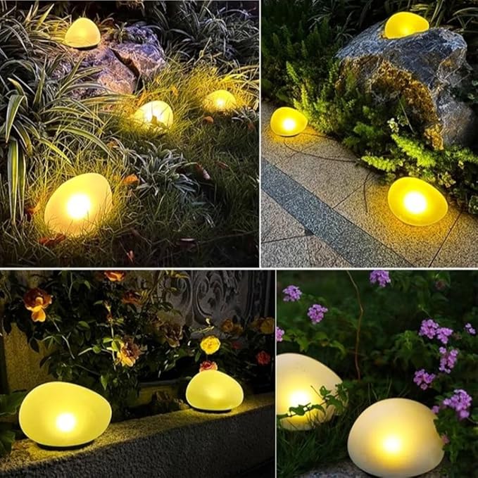 Solar Small Garden Lights Outdoor Glow Cobblestone Shape Lamp Garden Decor Waterproof Landscape Night Lights for Garden Paths, Stairs, Lawns, Patios, Yard, 4 Pack (Warm White)