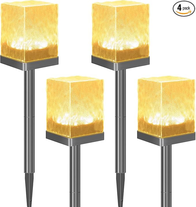 Solar Pathway Lights, LED Outdoor Waterproof Ice Brick Ground Light, Multi-use Landscape Lighting for Lawn & Table | Auto On/Off Solar Powered Garden Yard Decoration (Warm Color, 4 Pack)