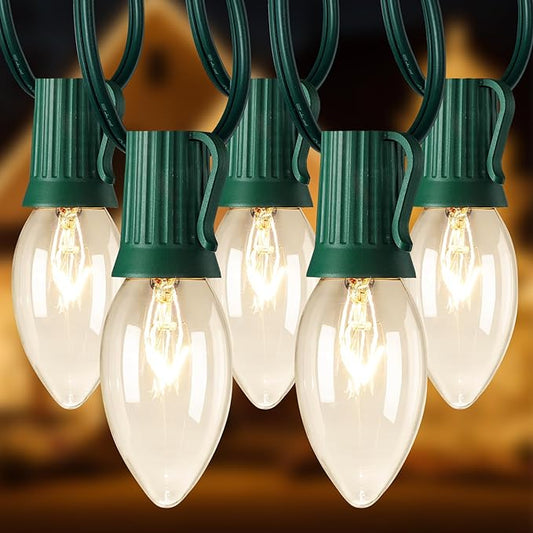 Brightown C9 Clear Christmas String Lights - Outdoor Christmas Tree Lights String - Hanging Christmas Roofline Lights - Patio Lights for Outdoor Decor - Green Wire, 25 Feet