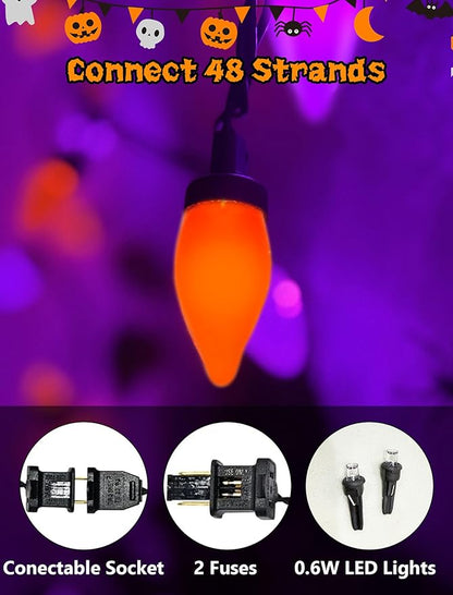 26FT Halloween String Lights Outdoor, 50 C7 LED Orange String Lights, Plug-in Halloween Patio Decorative Lights for Indoor Christmas Backary Porch House Holiday Party Decor
