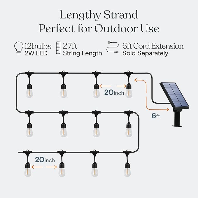Brightech Ambience Pro 27 Ft Solar Powered Outdoor String Lights - Commercial Grade Waterproof Patio Lights with | Lumora