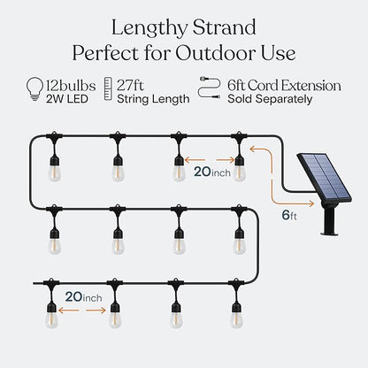 Brightech Ambience Pro 27 Ft Solar Powered Outdoor String Lights - Commercial Grade Waterproof Patio Lights with Edison Globes, Shatterproof LED String Lights for Patio - 2W, Warm White, 12 Bulbs