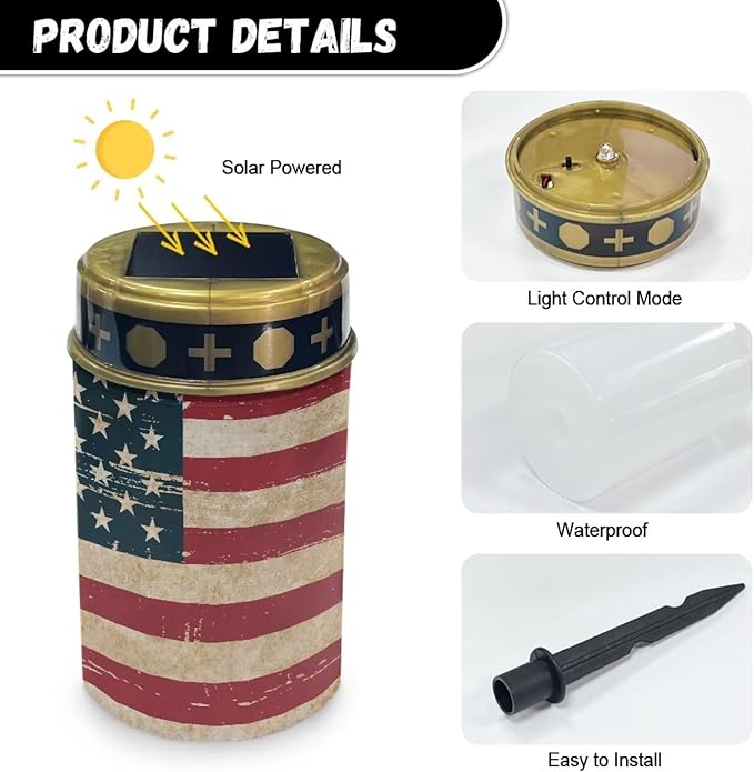 USA Flag Print Solar Pathway Lights Outdoor, Easy to Install Solar Lights Outdoor Waterproof, LED Solar Garden Lights Landscape Lighting for Walkway Lawn Yard