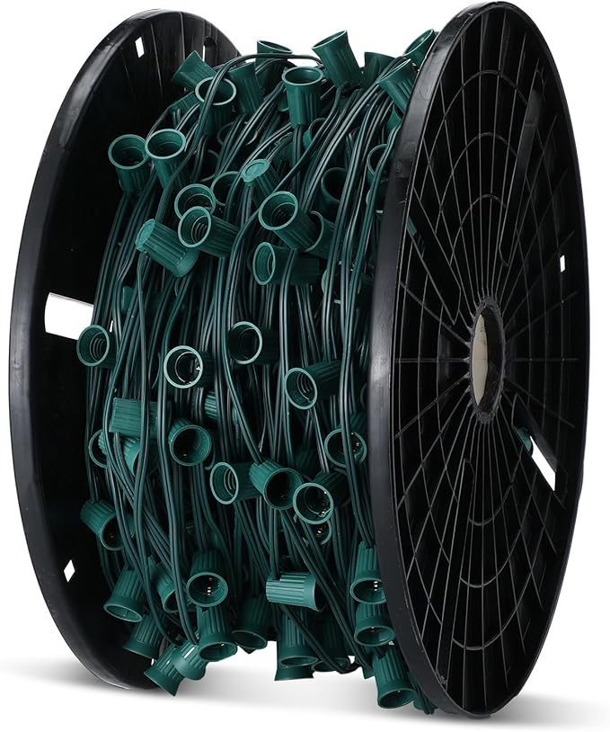 500 Ft C9/E17 Ul Listed String Light Cord Wire Spool, Christmas C9 Light Wire Stringer Strand Set for Outdoor Patio Xmas Tree Roofline, 12 Spacing, Green